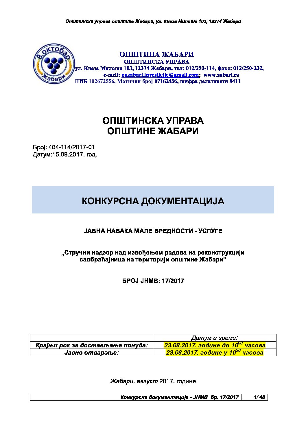 Konkursna dokumentacija NABAVKA USLUGA jn17-2017