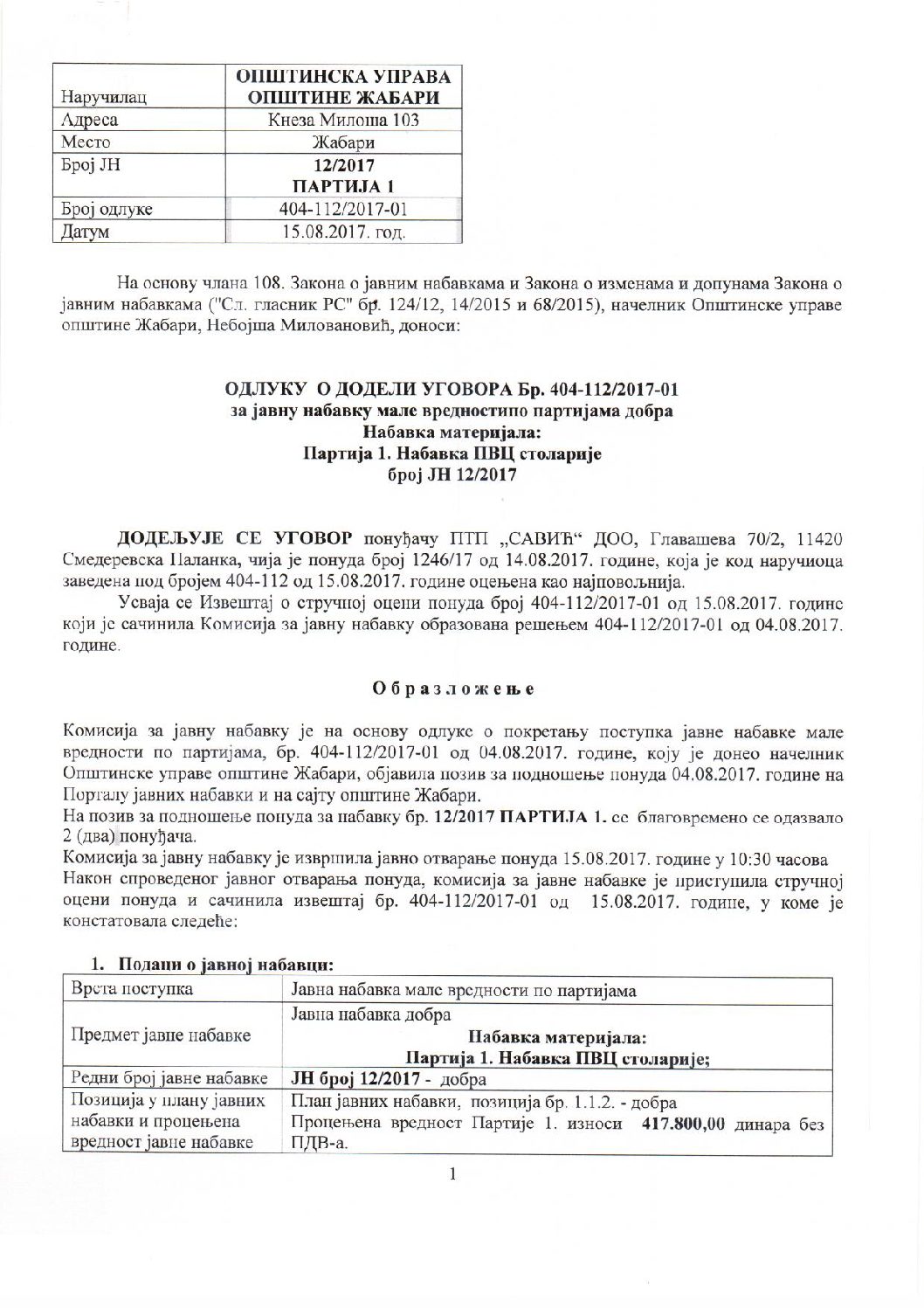 ODL-DOD-UG-JNMV 12 2017 MALI GRANT PARTIJA 1 PONOVNI POSTUPAK
