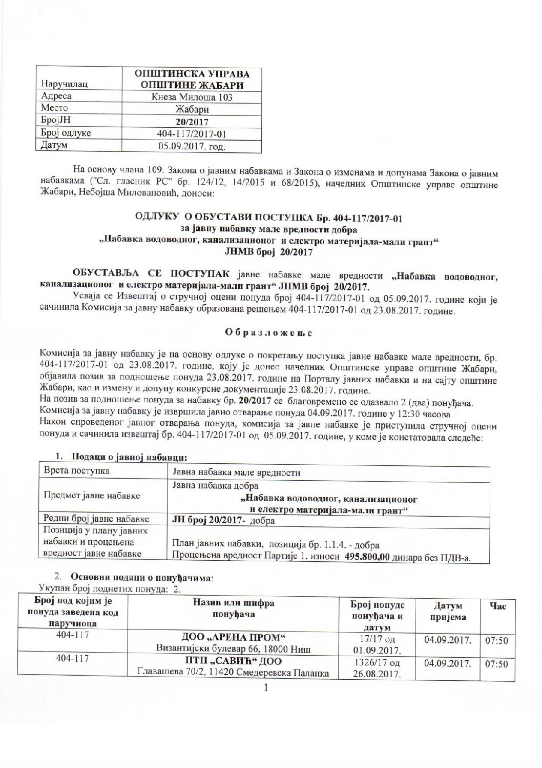 ODLUKA O OBUSTAVI POSTUPKA JNMV 20 2017 MALI GRANT