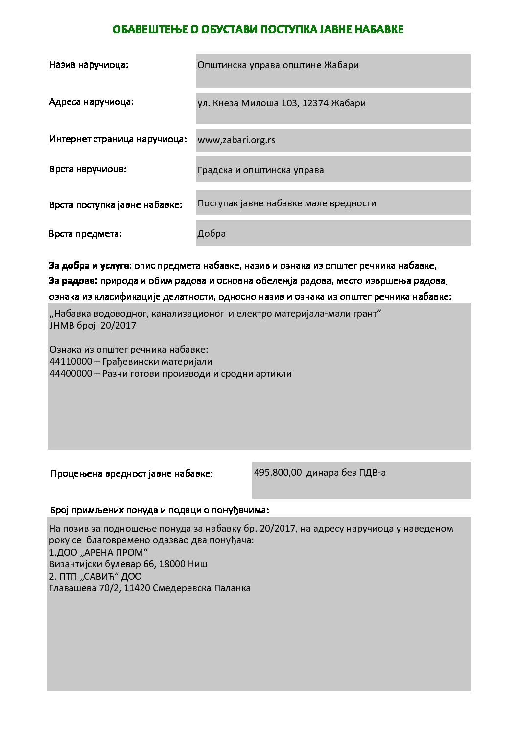 ObavestenjeOObustaviPostupkaJNMV 20 2017 MALI GRANT13-09-17