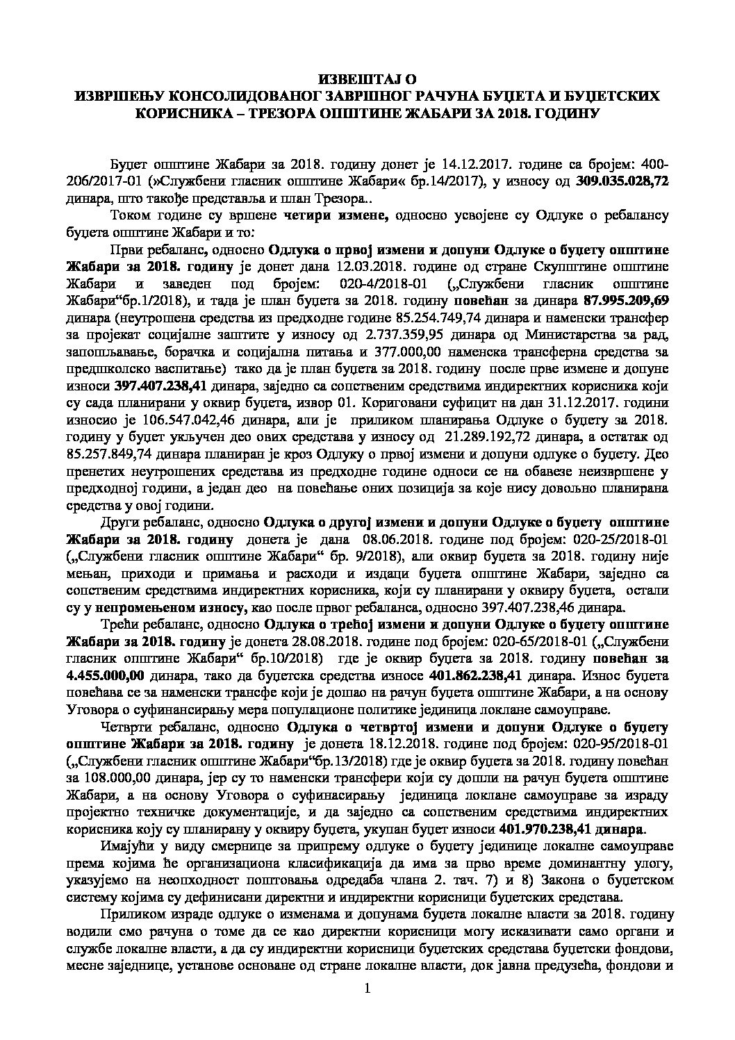 ИЗВЕШТАЈ О  ИЗВРШЕЊУ КОНСОЛИДОВАНОГ ЗАВРШНОГ РАЧУНА БУЏЕТА И БУЏЕТСКИХ КОРИСНИКА – ТРЕЗОРА ОПШТИНЕ ЖАБАРИ ЗА 2018. ГОДИНУ