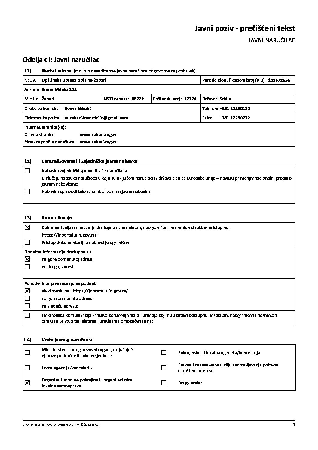 Javni poziv – prečišćeni tekst Centar za socijalni rad Žabari