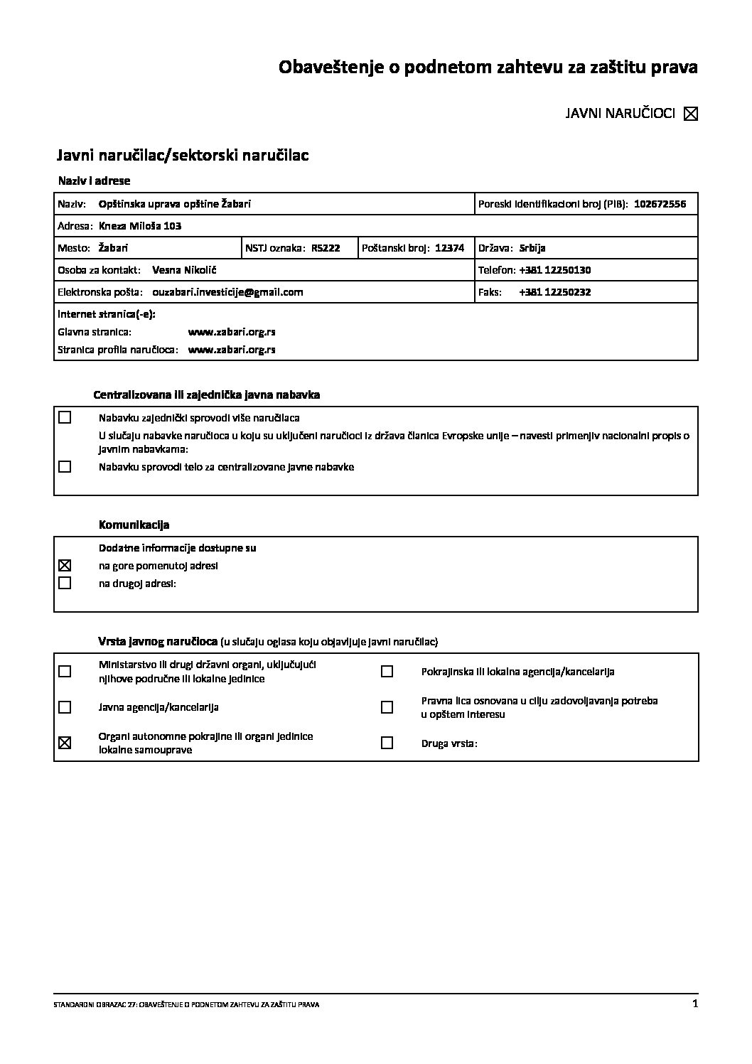 Obaveštenje o podnetom zahtevu za zaštitu prava