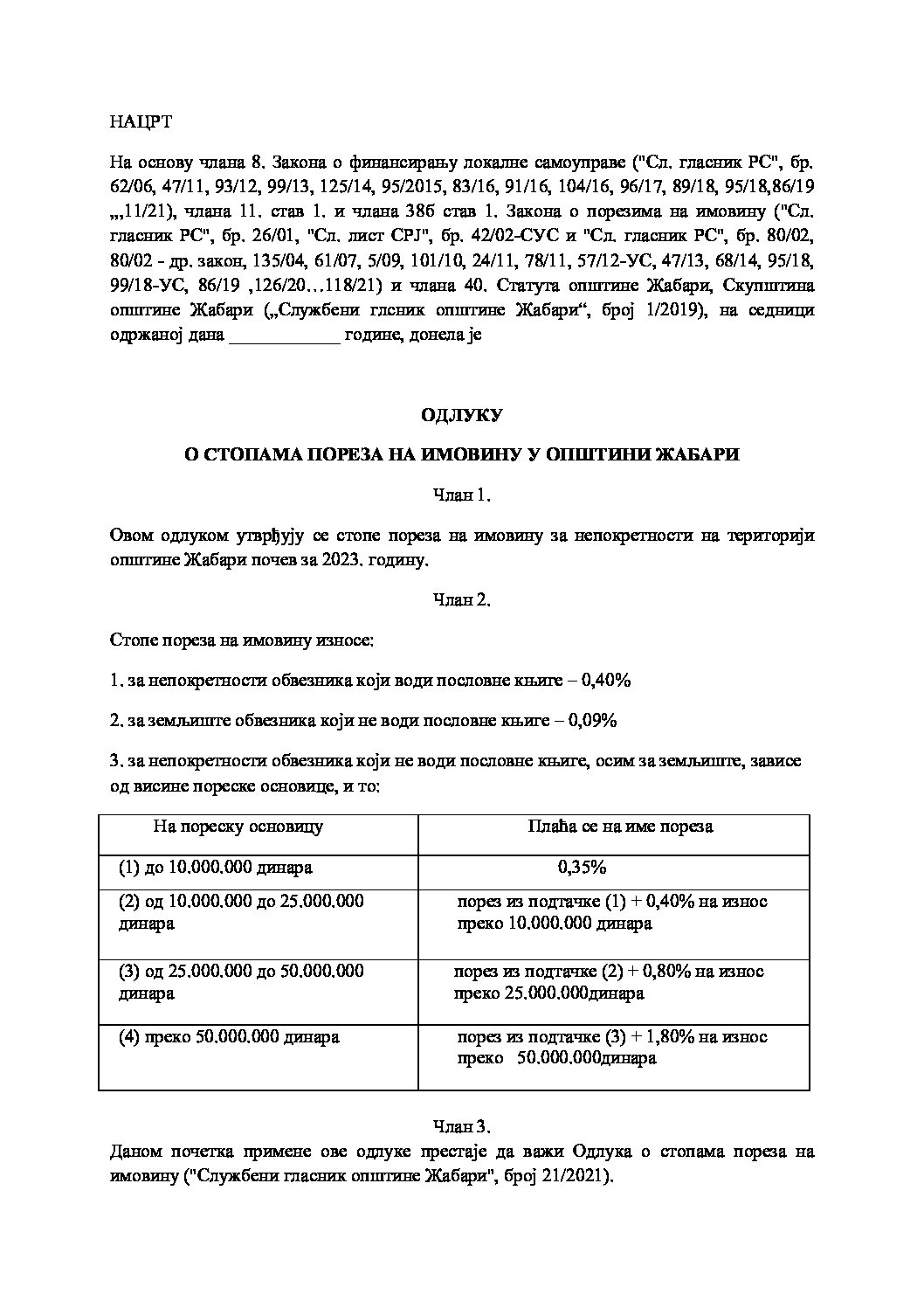 Нацрт ОДЛУКE О СТОПАМА ПОРЕЗА НА ИМОВИНУ У ОПШТИНИ ЖАБАРИ