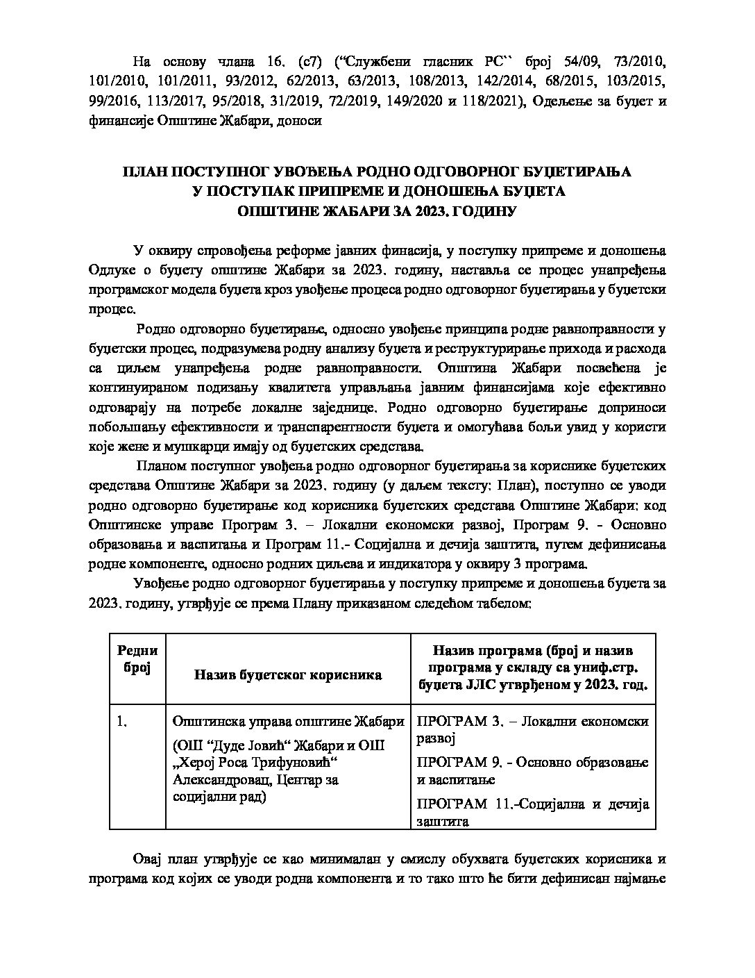 Plan postupnog uvođenja Rodno odgovornog budzetiranja za 2023