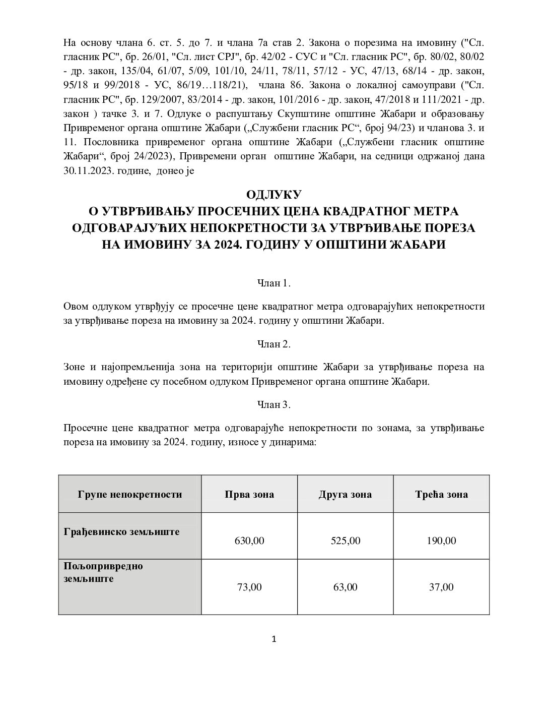 3.ОДЛУКА О УТВРЂИВАЊУ ПРОСЕЧНИХ ЦЕНА КВАДРАТНОГ МЕТРА НЕПОКРЕТНОСТИ ЗА УТВРЂИВАЊЕ ПОРЕЗА НА ТЕРИТОРИЈИ ОПШТИНЕ ЖАБАРИ