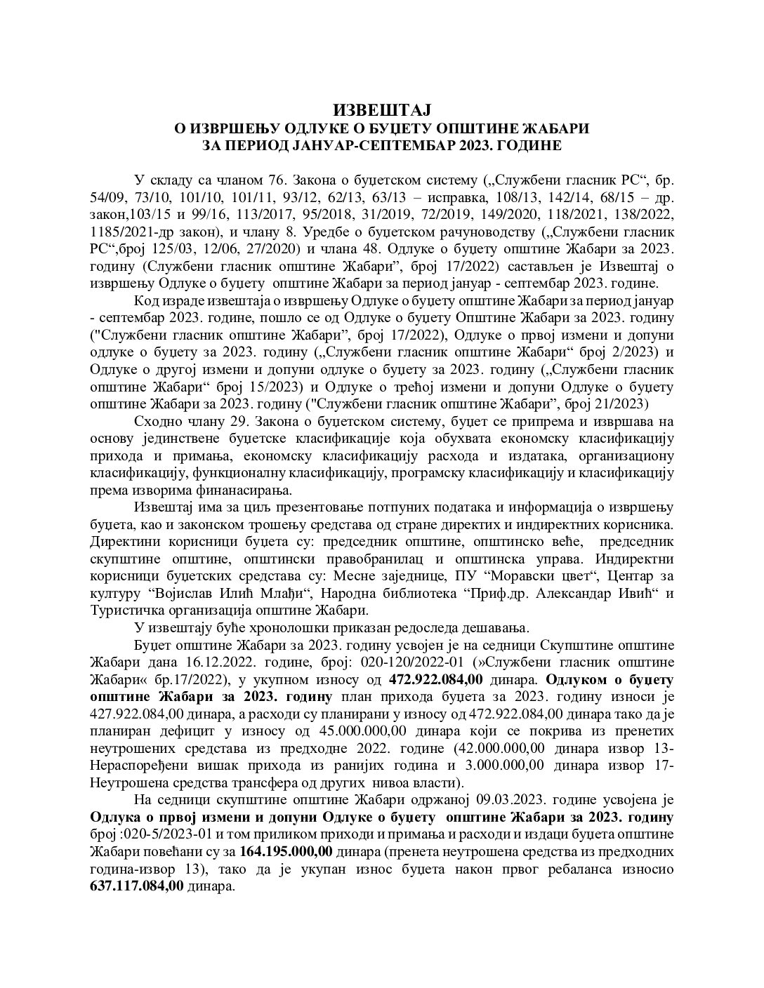 Izveštaj o izvršenju odluke o budžetu za period januar-septembar 2023