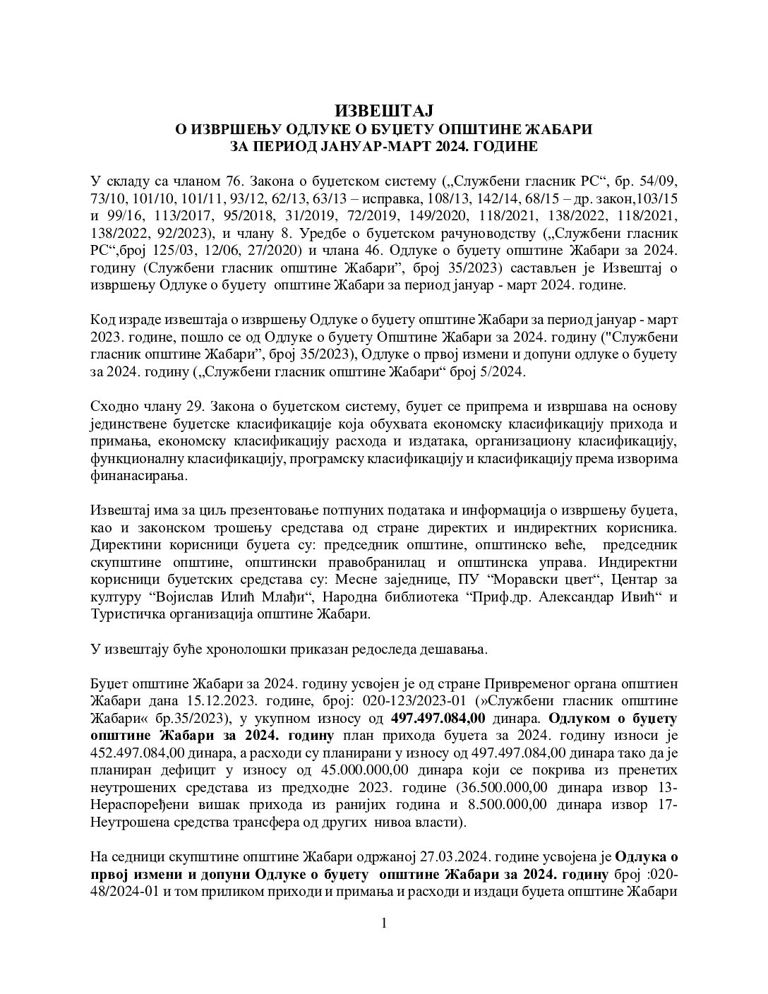 ИЗВЕШТАЈ 01.01-31.03.2024