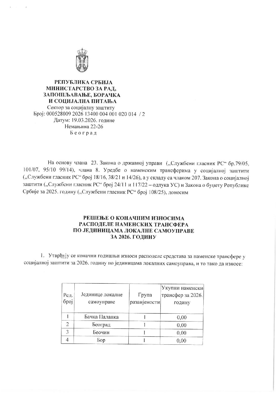 Решење о коначним износима расподеле наменских трансфера по јединицама локалне самоуправе за 2026. годину