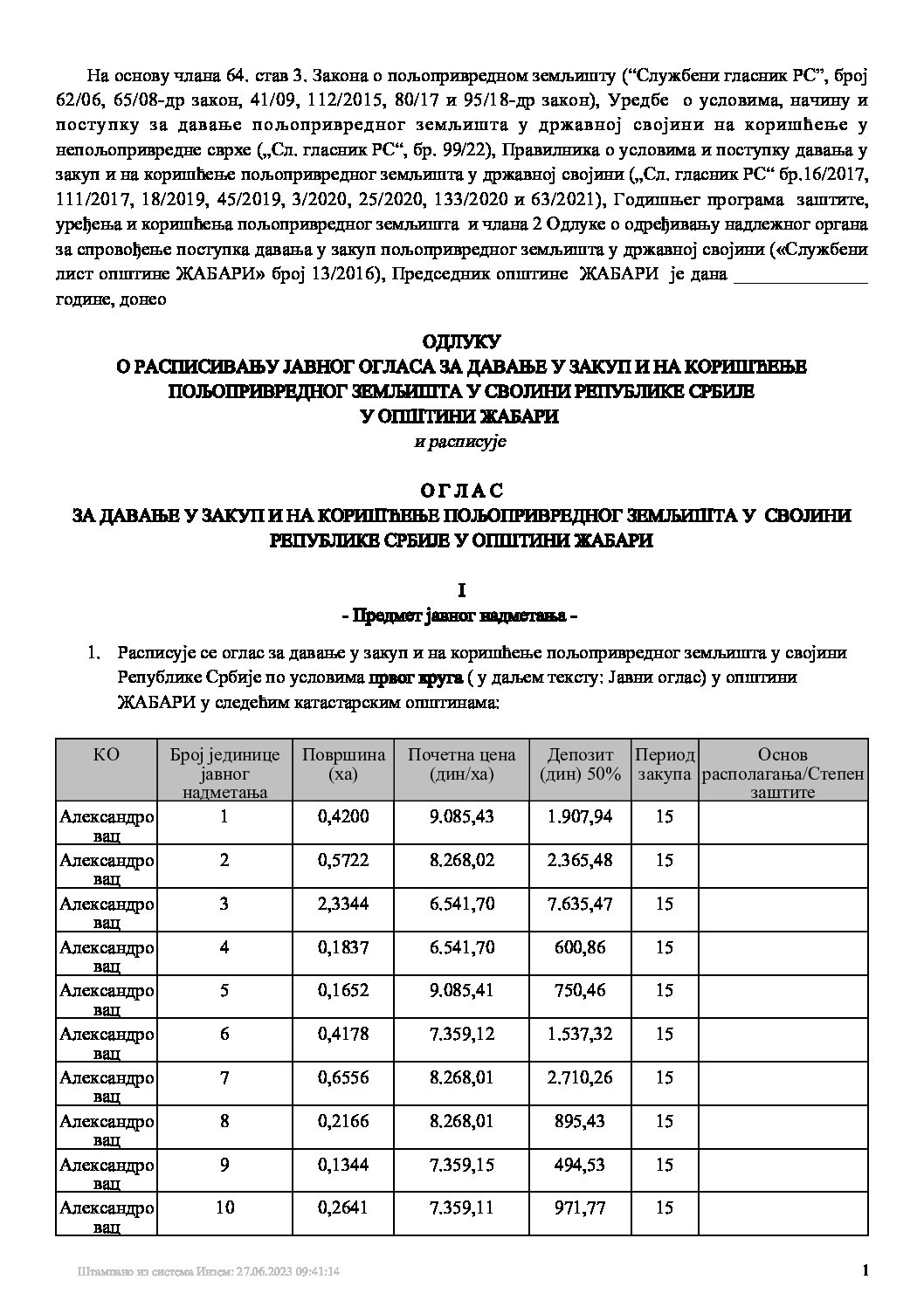 О Г Л А С  ЗА ДАВАЊЕ У ЗАКУП И НА КОРИШЋЕЊЕ ПОЉОПРИВРЕДНОГ ЗЕМЉИШТА У СВОЈИНИ РЕПУБЛИКЕ СРБИЈЕ У ОПШТИНИ ЖАБАРИ
