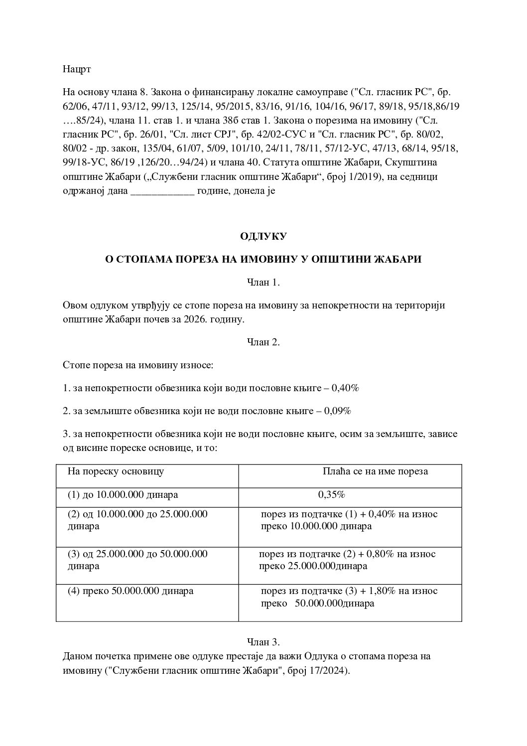 Нацрт ОДЛУКE О СТОПАМА ПОРЕЗА НА ИМОВИНУ У ОПШТИНИ ЖАБАРИ.doc