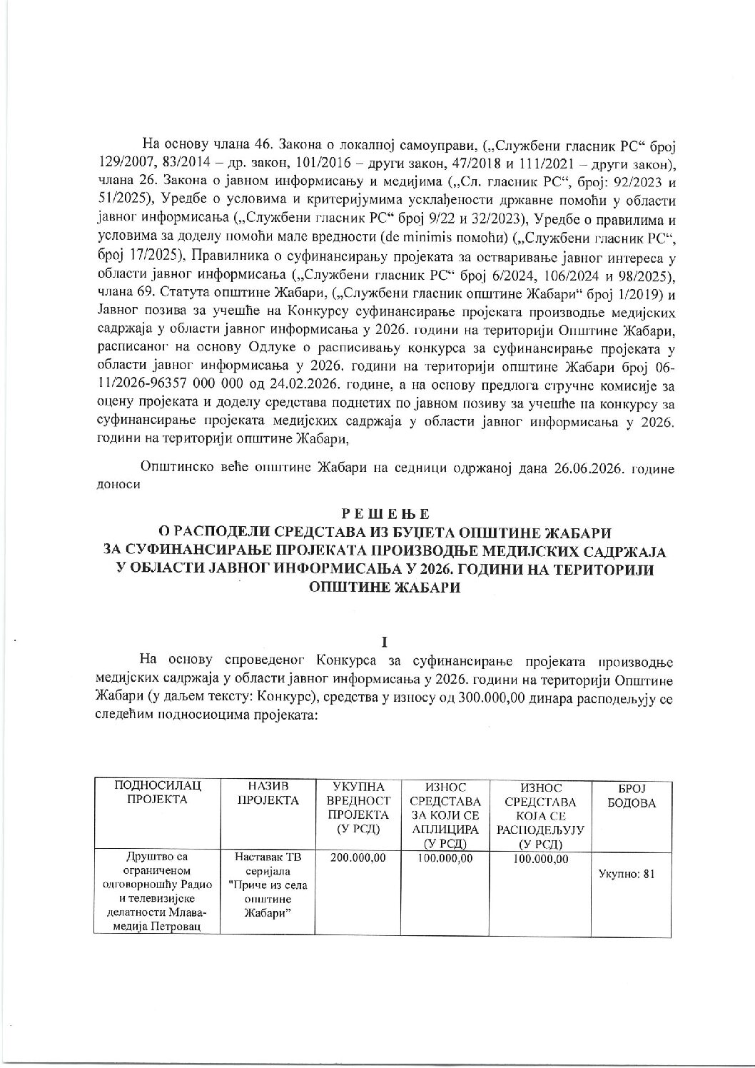Р Е Ш Е Њ Е О РАСПОДЕЛИ СРЕДСТАВА ИЗ БУЏЕТА ОПШТИНЕ ЖАБАРИ ЗА СУФИНАНСИРАЊЕ ПРОЈЕКАТА – КОНКУРС 2026. ГОДИНЕ