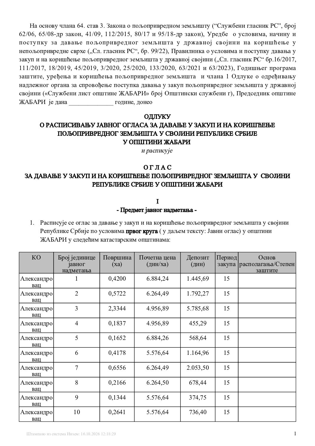 О Г Л А С ЗА ДАВАЊЕ У ЗАКУП И НА КОРИШЋЕЊЕ ПОЉОПРИВРЕДНОГ ЗЕМЉИШТА У  СВОЈИНИ РЕПУБЛИКЕ СРБИЈЕ У ОПШТИНИ ЖАБАРИ